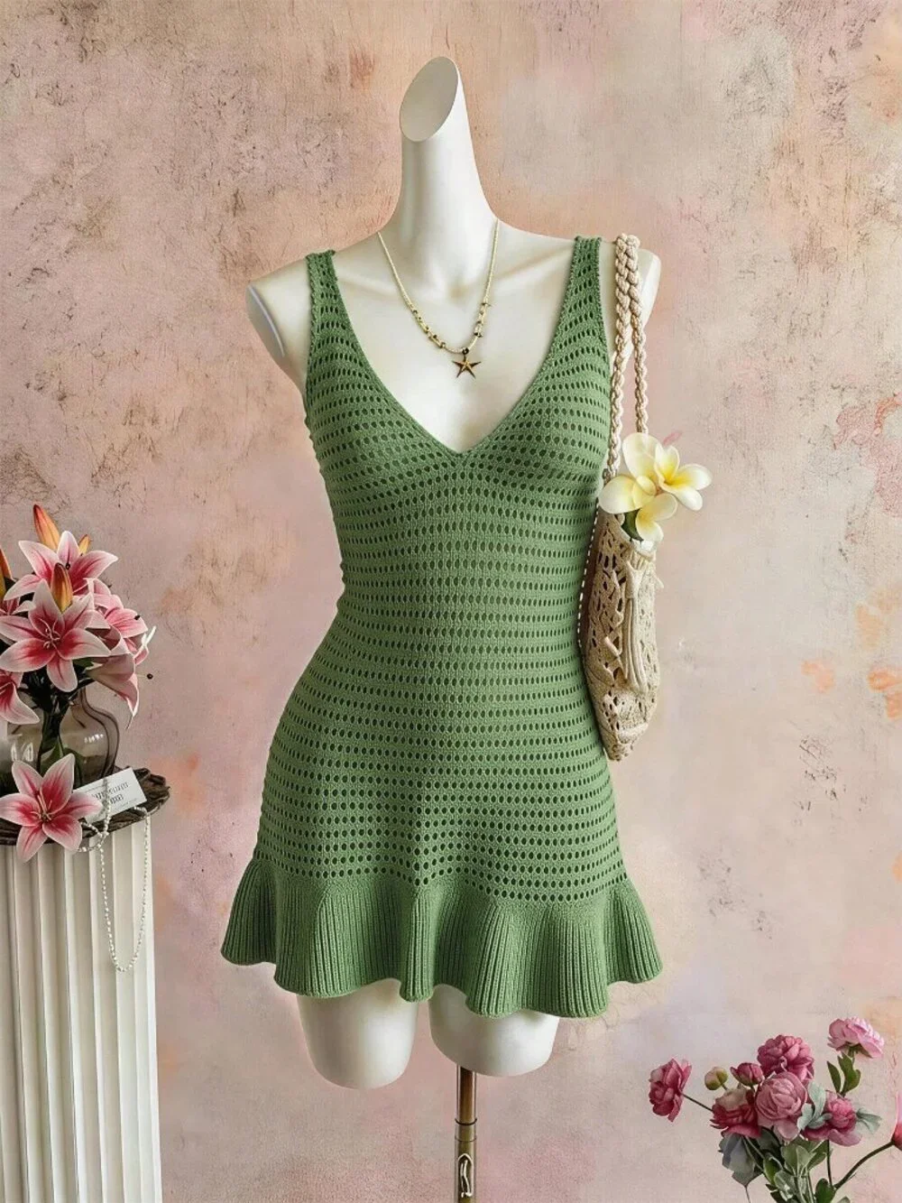 Army Green Casual Women's Sleeveless V-Neck Backless Knit Dress - Picture 4 of 7